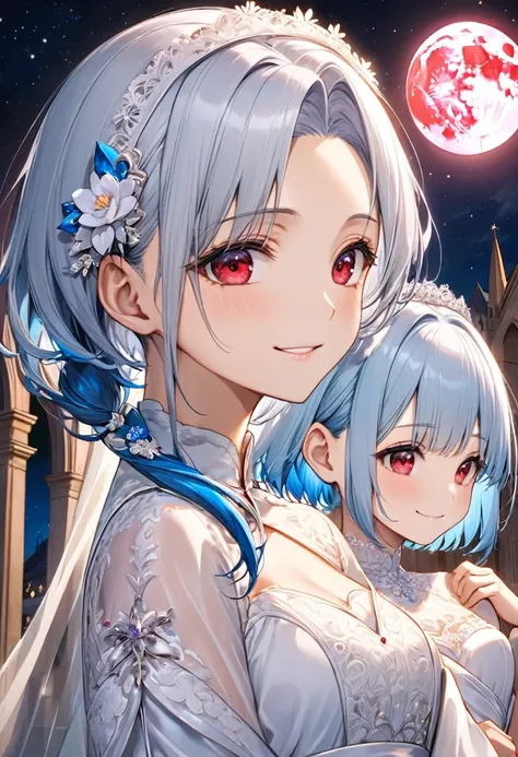 (profile:2 close-up face), (a crew cut silver hair very short hair divine cool boy, detailed red eyes, Confusion face, flat chest), break, ((a forehead blue hair long hair cute bride girl, love smile)), break, (he is haging for her head), (in the Chapel Te...