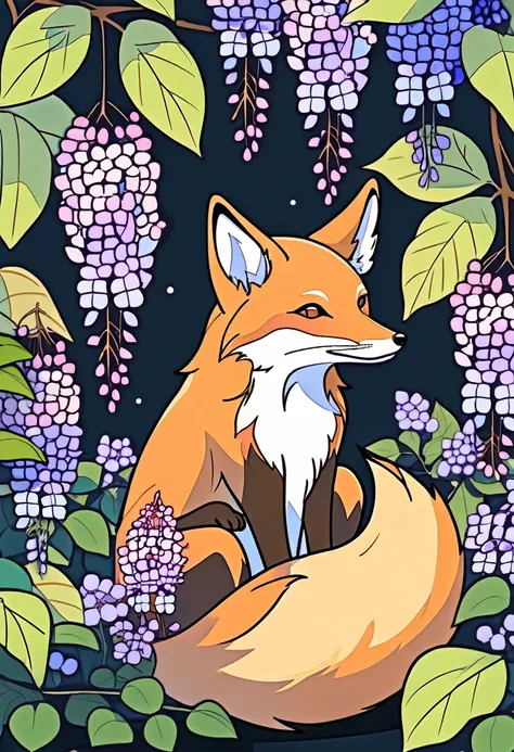 A fox sitting surrounded by hydrangeas and wisteria flowers