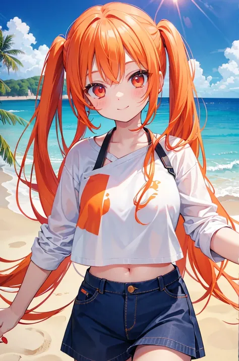 Orange Hair　Half Twin Tail　Red Eyes　beautiful girl　blue sea　White sand beach　Light of the sun　smile