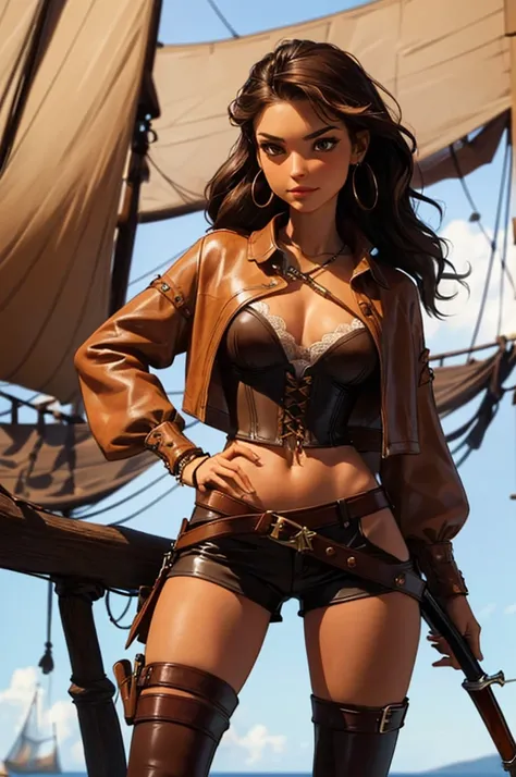 (masterpiece), best quality, expressive eyes, perfect face, (pirate ship background), (standing), (smirk), (closeup view), (1girl, vanessa alessia, dark skin, tanned skin, brown hair, wavy hairstyle, brown eyes, hourglass figure, thin body, skinny body, pe...