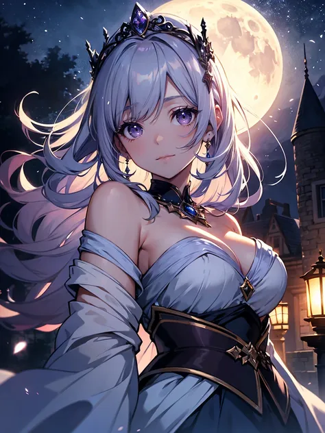 A princess with a delicate and beautiful face, large eyes, and translucent skin is looking up at the moon from a castle, enchantingly dressed in a traditional and glamorous medieval European dress and wearing a large hair ornament. A gentle, warm light sur...