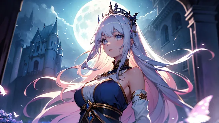 A princess with a delicate and beautiful face, large eyes, and translucent skin is looking up at the moon from a castle, enchantingly dressed in a traditional and glamorous medieval European dress and wearing a large hair ornament. A gentle, warm light sur...