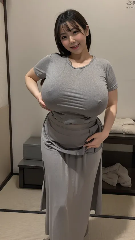 (japanese style room）evening（Best Quality,8K,Raw photo,Realistic,High resolution:1.2),(erotic chubby japanese wife）(gigantic breasts),oily skin,(gray t-shirt),(long skirt),,look horny,,(highlights breasts),giggle,upper body ,kneels on floor