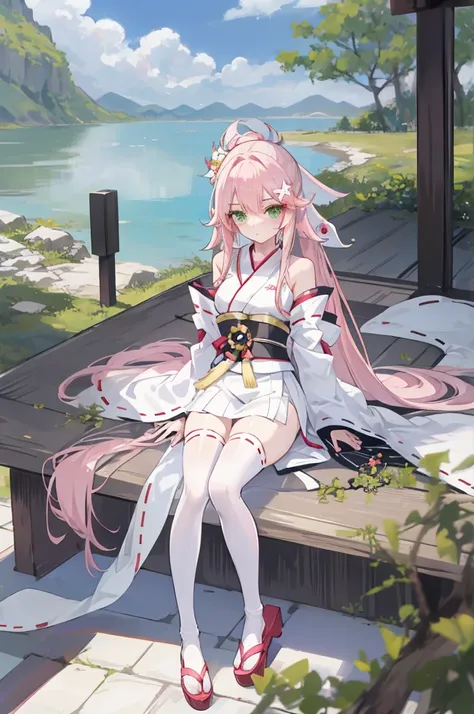 A pink-haired，The hair was long，green eyes,Very long dull hairs，Outwardly lazy，white kimono costume，White miko stockings，white mini skirt,