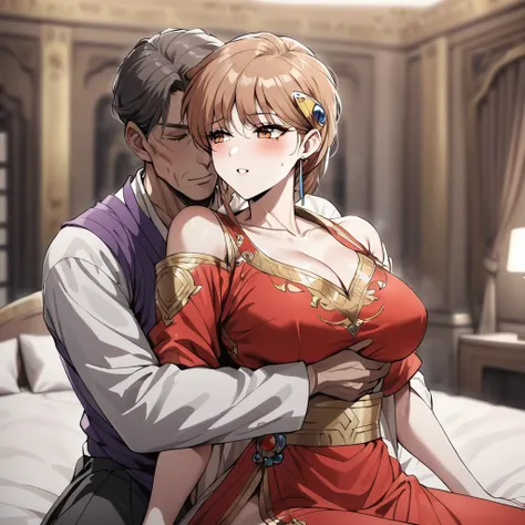 ((Highest quality)), ((masterpiece)), (detailed), （Perfect Face）、The woman is Princess Leona, wearing a gorgeous red Chinese dress with gold embroidery and long light brown hair.、On a bed in a luxurious palace, a woman is embracing a middle-aged man dresse...