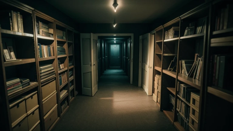 Shelves full vhs, found footage style, paranormal, midnight, mysterious atmosphere, dimly lit room,