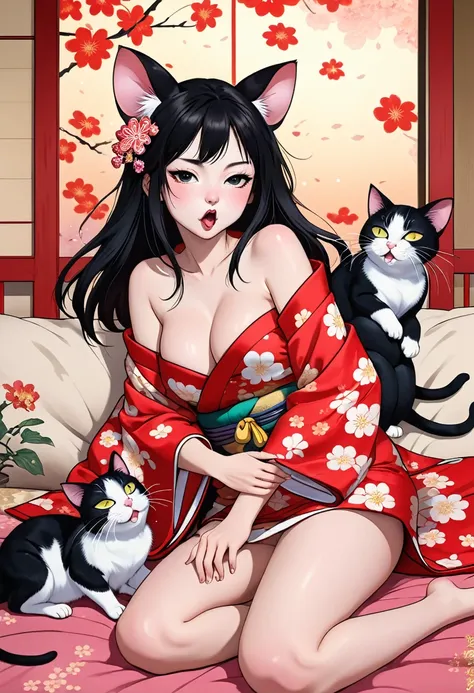 (utamaro style:1.2) , Hallucination, daydream , nightmare , Insane Dream , bokeh , erotica , romance , realistic mouse girl and realistic cat , kimono , futon , Cat licking thighs