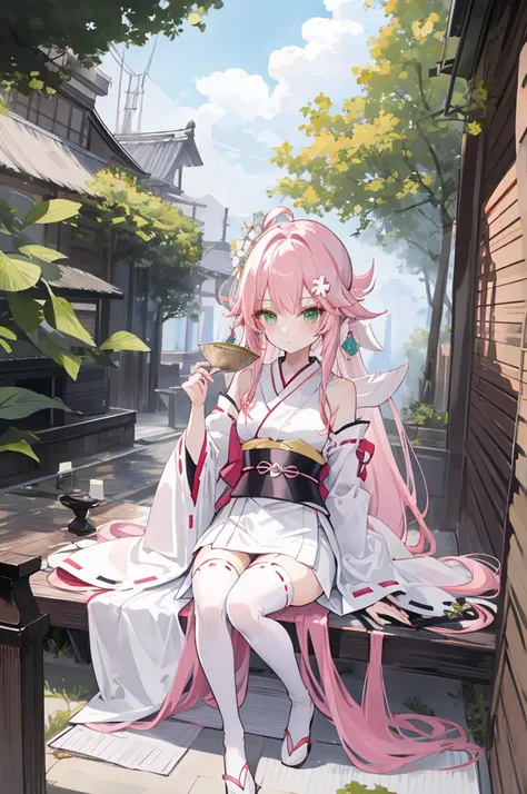 A pink-haired，The hair was long，green eyes,Very long dull hairs，Outwardly lazy，white kimono costume，White miko stockings，white mini skirt,