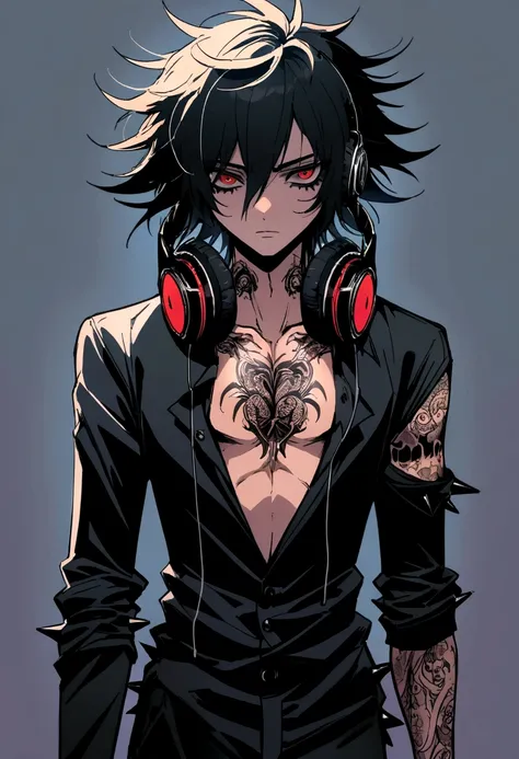 emo man (anime style) with disheveled hair with a black dress shirt open at the chest and with tattoos black pants with headphones on with spikes around them