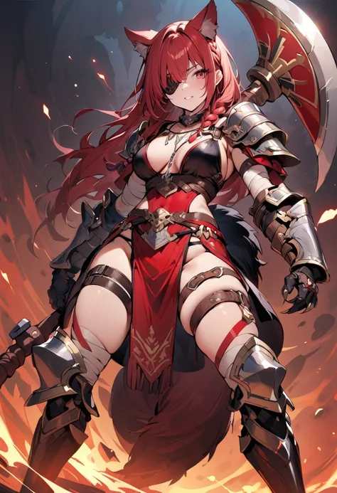 (masterpiece:1.2), (highest quality:1.2), axe, holding-axe, holding, solo, weapon, simple-background, braid, red-hair, holding-weapon, armor, full-body, long-hair standing, claws, animal-ears, jewelry, red-eyes, shoulder-armor, loincloth, tail, bandages, n...