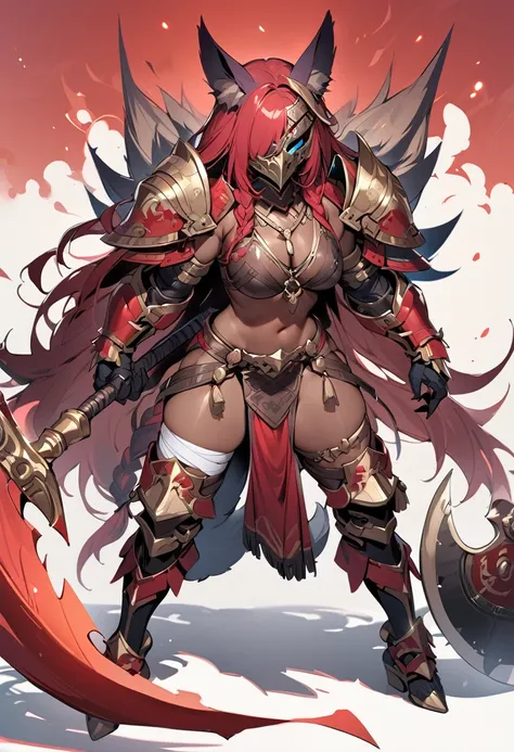 (masterpiece:1.2), (highest quality:1.2), axe, holding-axe, holding, solo, weapon, simple-background, braid, red-hair, holding-weapon, armor, full-body, long-hair standing, claws, animal-ears, jewelry, red-eyes, shoulder-armor, loincloth, tail, bandages, n...