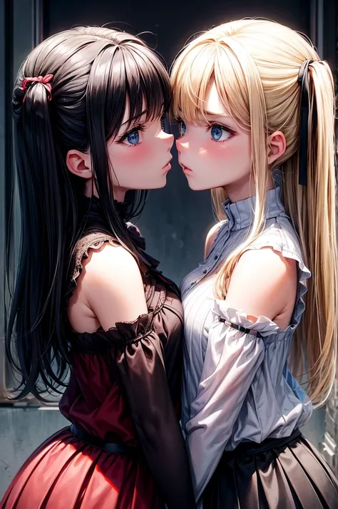 Two teenage girls，angry look，Equal stature，in class room，Black hair and blonde hair，Gaze face to face，Hold each other，The two bodies are close together，Kiss