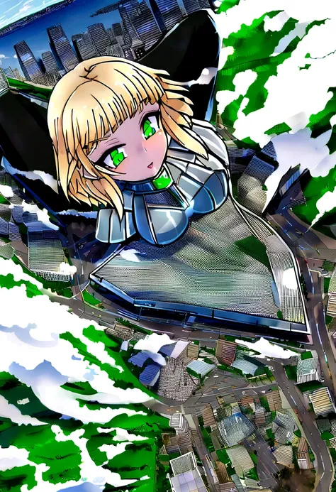 GtsGiga,knight,steel plated armor,green accents,muscalr,fair skin ton,giantess art,cityscape,Rampage, short hair,blonde,french braids,best quailty,masterpiece 