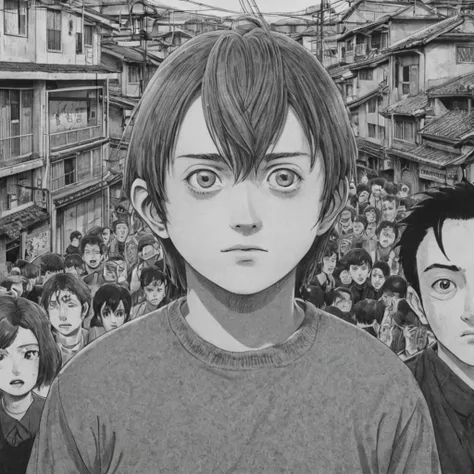 giant man, small towns, (anime), bizarre scenario, This is Junji, Yusuke Murata, black and white, 8K, anime, horror