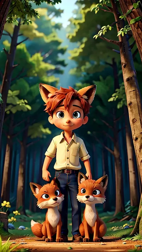 A boy finds a lost fox in the middle of the forest, the fox looking at the boy and the boy looking at the fox head on. They both look at each other.