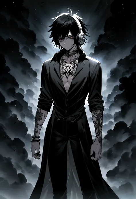 emo man (anime style) with short messy hair, with a black dress shirt open at the chest and with tattoos, black pants with headphones on with spikes around the headphones 