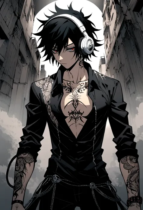 emo man (anime style) with short messy hair, with a black dress shirt open at the chest and with tattoos, black pants with headphones on with spikes around the headphones 