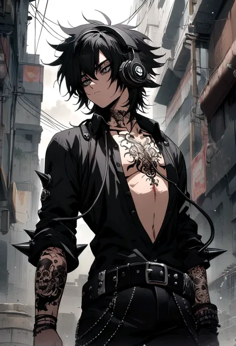 emo man (anime style) with short messy hair, with a black dress shirt open at the chest and with tattoos, black pants with headphones on with spikes around the headphones 