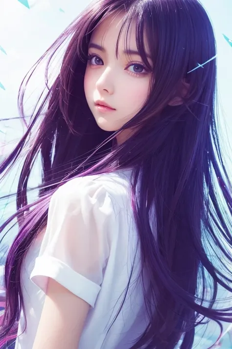 (anime),(cute)(masterpiece), (Highest quality),One girl,Upper Body,(Double exposure:1.2),(Simple Background:1),Bold、clear、PURPLE、 (Movie angle),(Dynamic Angle),Disheveled long hair,(Low contrast),(Flat Color:0.7)