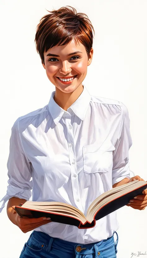 create a smiling girl with pixie cut hair ,with white shirt, with a book ,masterpiece, estilo illustration de Ali Erturk, high detail, hyperrealistic, natural light,illustration , Bright colors
