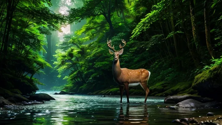 a beautiful deer standing next to a crystal clear river, full moon reflected in the river, dense forest with lush vegetation, photorealistic, high quality, 8k, hyperrealistic, vibrant colors, cinematic lighting, dramatic composition, intricate details, for...