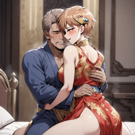 ((Highest quality)), ((masterpiece)), (detailed), （Perfect Face）、The woman is Princess Leona, with long, light brown hair and a gorgeous red Chinese dress with gold embroidery.、On a bed in a luxurious palace, a woman is embracing a middle-aged man dressed ...