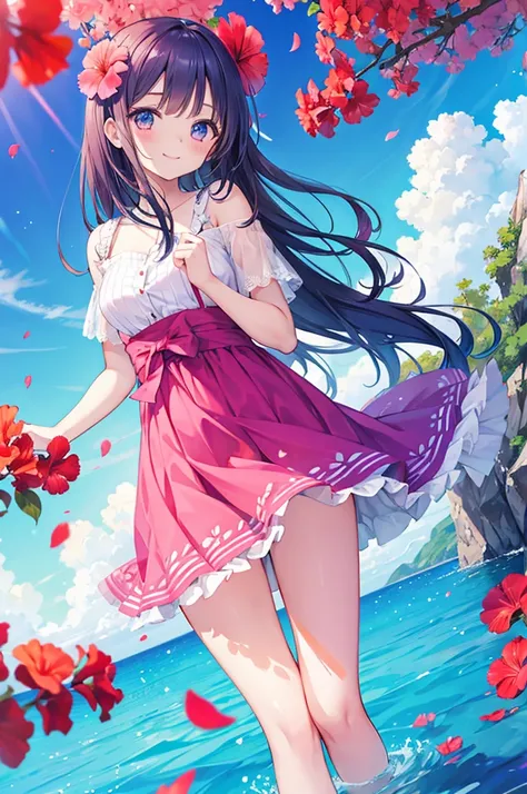 beautiful girl　smile　Hibiscus flower　blue sea　Petals fluttering