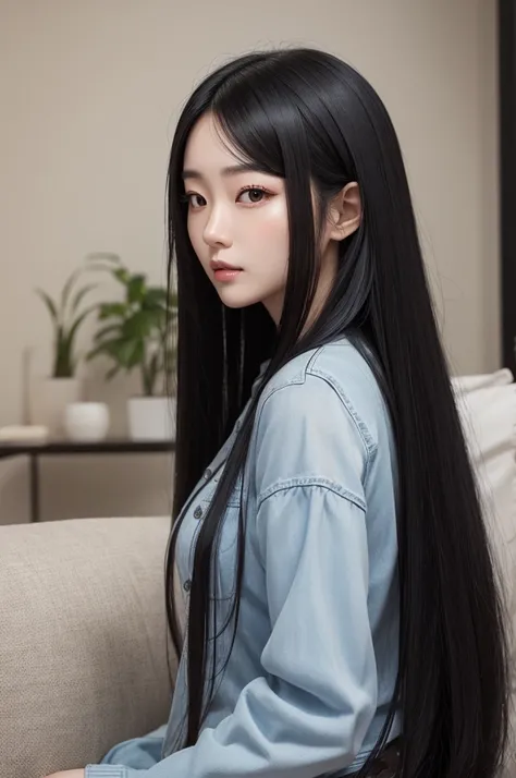 Korean woman with long black hair, with beautiful face Realistic