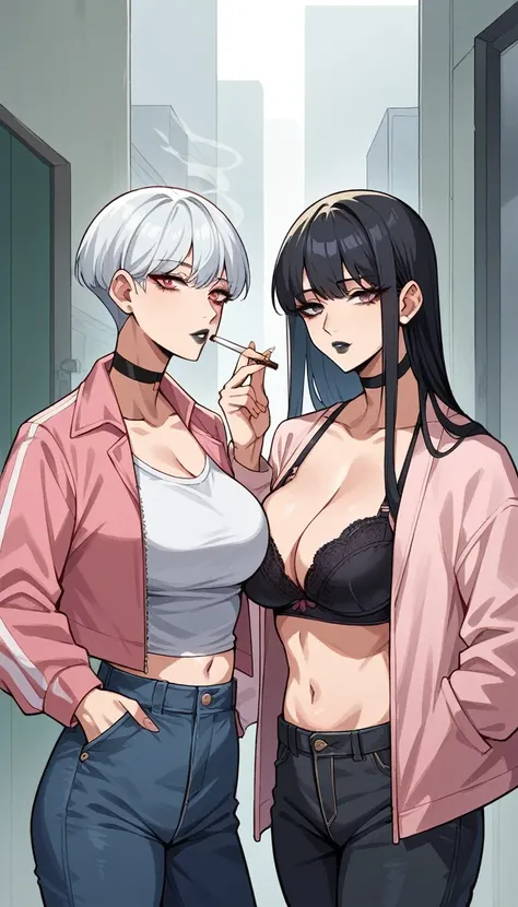 score_9, score_8_up, score_7_up, source_anime, 2 woman, beautyful mature japanese woman, skinny slender body, pink jacket, lax face, black big chocker, lowered black jeans,big long fringe black hair, black lipstick, black bra, SMOKING, pink panties, kissin...