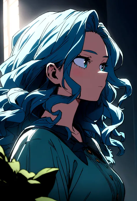 Boku no hero academia screenshot, Beautiful woman, wavy hair with blue highlights. 