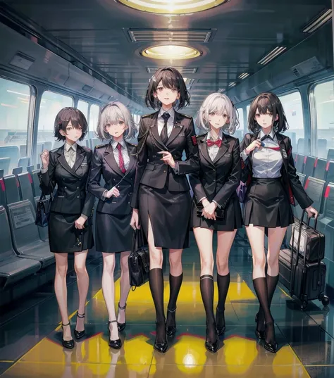 full body, medium tits, medium hair, black hair, tearful mole, earring, 3girls, flight attendant, different uniforms, tight uniforms, high heels, airport