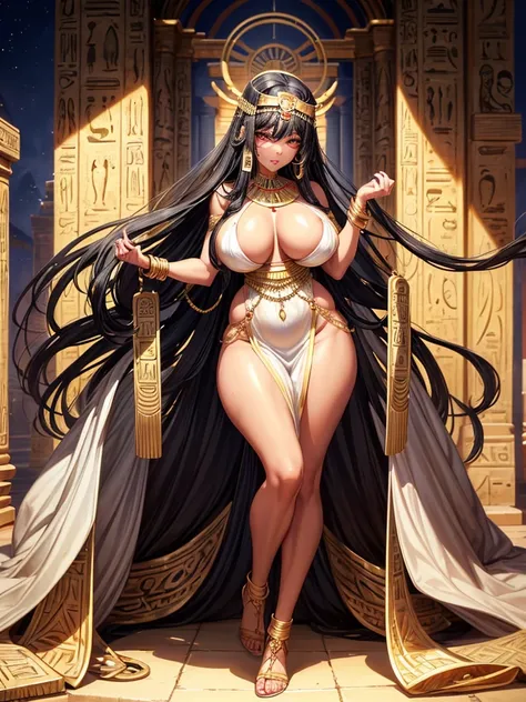 1 woman, black hair, very long hair, golden eyes, beautiful eyes, big eyes, big lips, glossy lips, very curvy body, big breasts, long legs, big butt, wide hips, thick thights, defined image, seductive gaze, ancient Egyptian, ancient Egyptian queen, big gol...