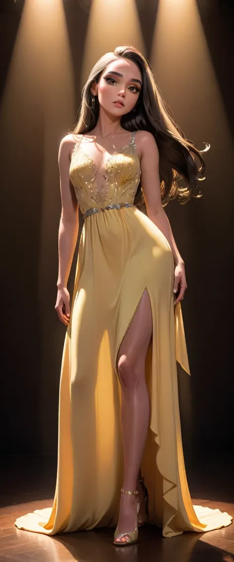 a beautiful fashion model wearing an elegant evening dress, light yellow dress, on a smooth and flat stage, high fashion, dramat...