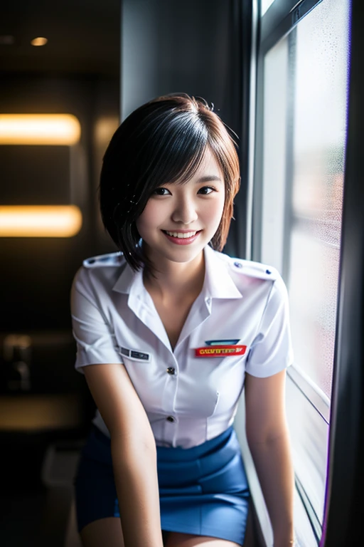 (a gorgeous lady, age 21, Flight Attendant uniform, Shenzhen Airlines Stewardess, wet white shirt, wet red mini-skirt, kneeling in a steamy bathroom, dimpled smile, short ponytai hair, short bob hair, cute snaggleteeth, well-endowed round bosom, long flawl...