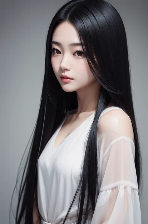 Korean woman with long black hair, with beautiful face Realistic