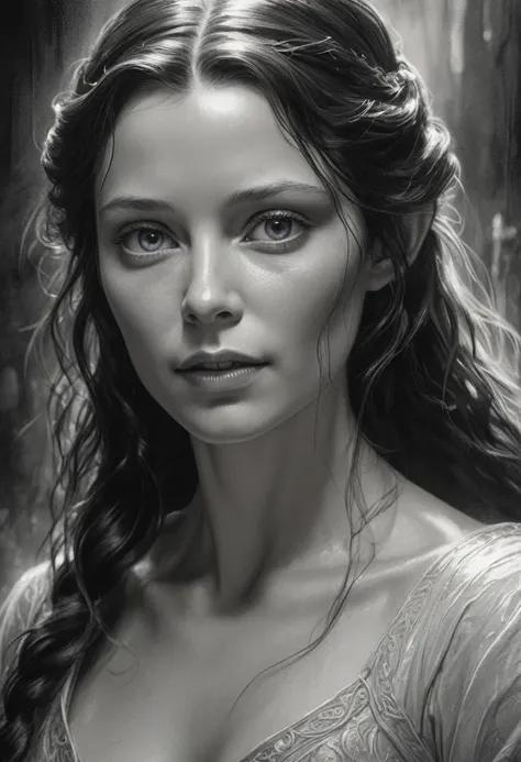 stunning black and white graphite sketch of Arwen, up close shot, from The Lord Of The Rings trilogy, in dynamic pose, by Anna Razumovskay, (by Alyssa Monks:1.1), by Joseph Lorusso, by Lilia Alvarado, beautiful 
lighting, sharp focus, 8k, high res, (pores:...