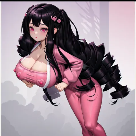 black hair, purple highlights, twin drills, solo, pink eyes,massive breasts, very long hair, wear oversized pink sweater and light red leggings, masterpiece, ultra high quality, sfw