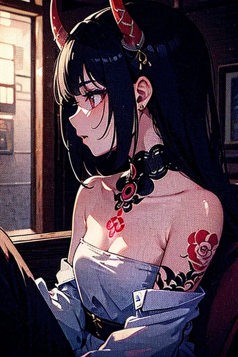 Best quality, masterpiece, A young yakuza girl with small horns and lots of tattoos on her face, neck and shoulders is sitting in profile