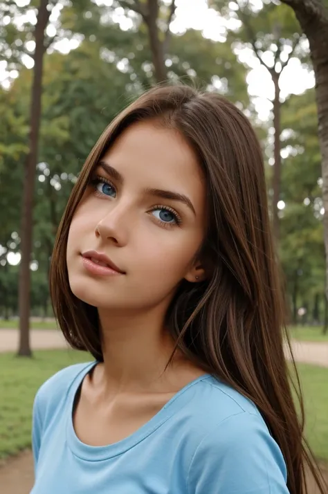 A girl named Ana Luisa in a park brown hair blue eyes 140 centimeters tall slim complexion