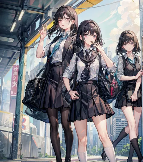 whole body, medium tits, medium hair, black hair, tearful mole, earring, 3girls, different clothes, school_uniform, shirt, skirt,