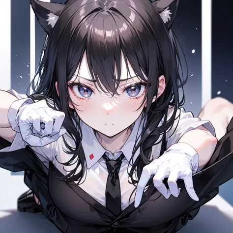 18-year-old Shota，Very white skin，cute，Wear a white long-sleeved shirt and a black work tie，Wear black pants，Wear black booties，Wear white gloves，wear cat ear，Black hair，Black eyes，Handsome，Disdainful and cold expression，shy，blush，porn，Close-up photo