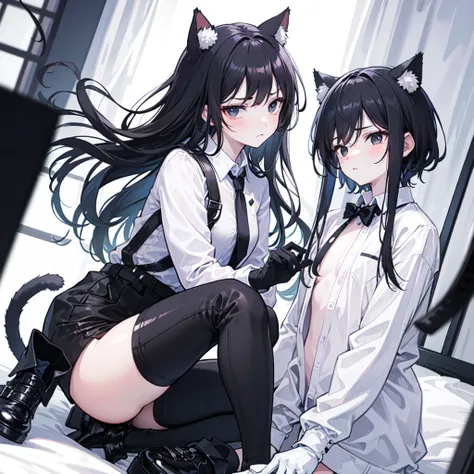 18-year-old Shota，Very white skin，cute，Wear a white long-sleeved shirt and a black work tie，Wear black pants，Wear black booties，Wear white gloves，wear cat ear，Black hair，Black eyes，Handsome，Disdainful and cold expression，shy，blush，porn，Close-up photo