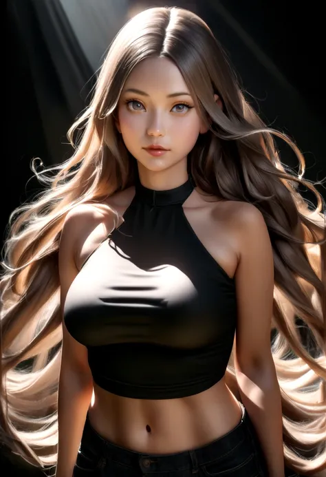 Natural photo of a beautiful girl, wear a loose crop top, relying on, long flowing hair, Big bust, looks at the camera, symmetrical eyes, symmetrical face, Photorealistic, photo, path tracing, mirror lighting, volumetric light for face, path of drawn hair,...