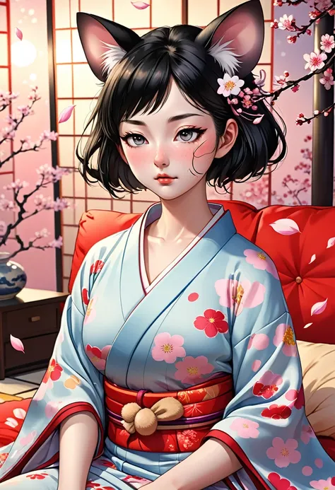 (utamaro style:1.2) , Hallucination, daydream , nightmare , Insane Dream , bokeh , erotica , romance , realistic mouse girl and realistic cat , kimono , futon , Petals fluttering down , Single eyelids, round nose, swollen cheeks