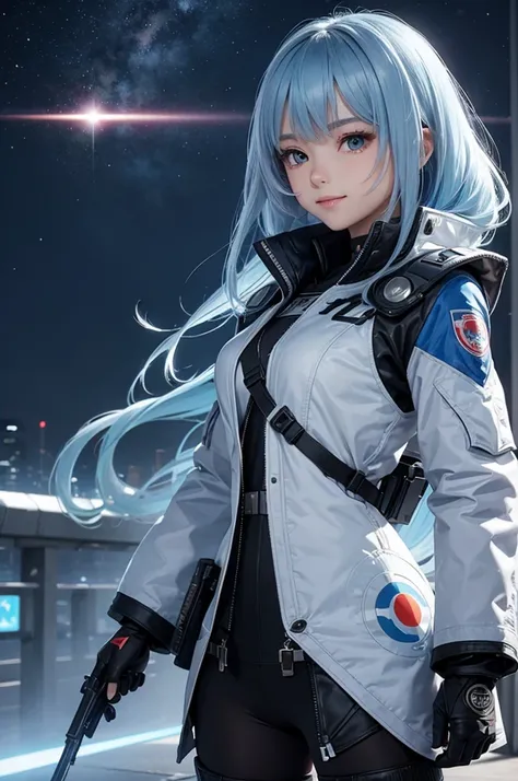 A futuristic world,a perfect illustration of artifical intelliengence,After 5143, 8K, Extremely detailed , flawless，hyperdetailed face，16-year-old girl，Eight-headed body，Silky light blue hair，Bitgirl，Background of the near future，During night combat，Smile，...