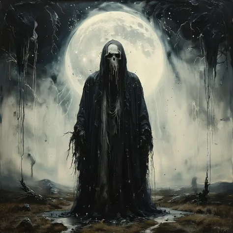 a faceless ghost floating in the moonlit mist, storm lighting, mad mtrx