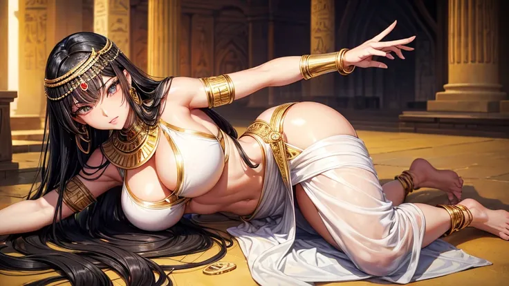 1 woman, black hair, very long hair, golden eyes, beautiful eyes, big eyes, big lips, glossy lips, very curvy body, big breasts, long legs, big butt, wide hips, thick thights, defined image, seductive gaze, ancient Egyptian, ancient Egyptian queen, big gol...