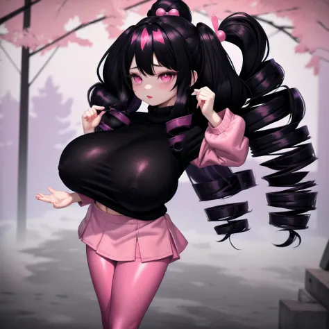 black hair, purple highlights, twin drills, solo, pink eyes,massive breasts, very long hair, wear oversized pink sweater and light red leggings, masterpiece, ultra high quality, sfw