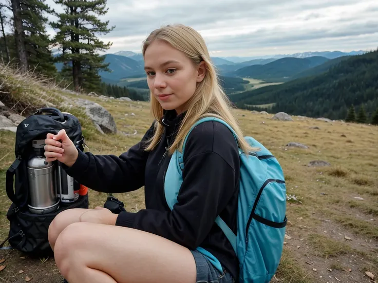 "1 woman (upper body selfie, happy), alone, outdoors (day), mountains, nature, (, World) names, happy, backpack, sleeping bag, camping stove, water bottle, mountain boots, gloves, pullover, has, flashlight, forest, rock, flow, wood, smoke, Sctieneten, cont...