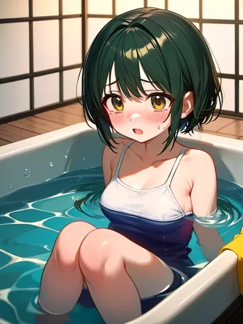 masterpiece,Highest quality,Very detailed,A girl bathing in hot water,Scared,Panic,The pupils constrict,shout,Raise your eyebrows,Are crying,Eyes Wide Open, Swimsuit, One piece swimsuit, White swimsuit, Idolmaster Shiny Colors, Nanakusa nichika, Dark green...